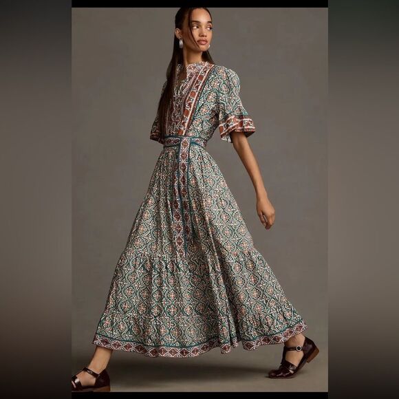 Anthropologie NWT SueSartor Short-Sleeve Printed Midi Dress